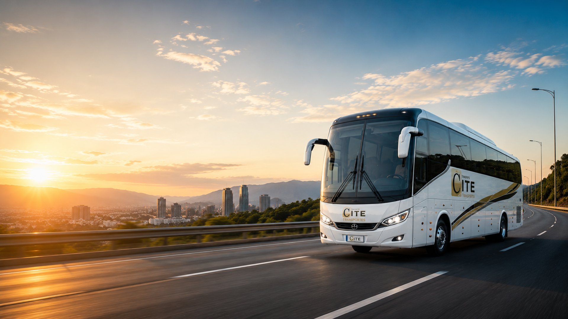 Bus de Transportes CITE en carretera al atardecer